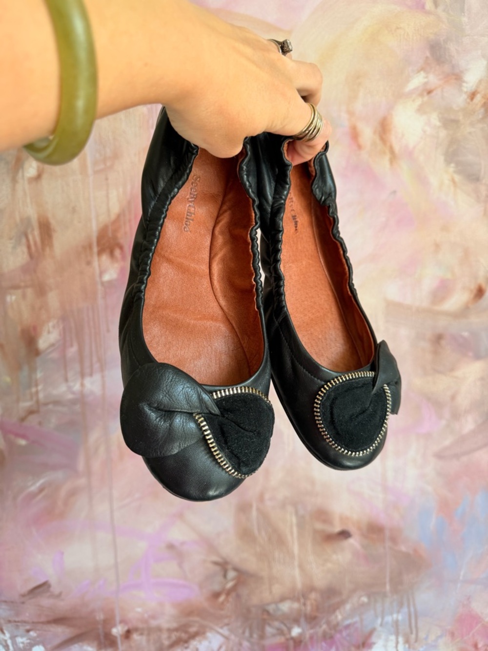 Black Leather Women's Ballet Flats with Decorative Zip Accent